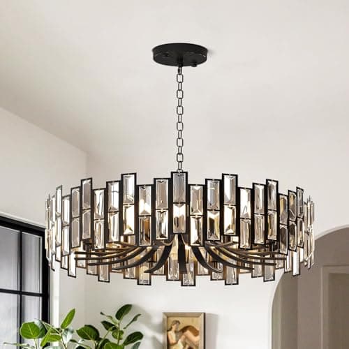 Image of Homary Crystal Chandelier in Black, 10-Light Geometric Ceiling Pendant with Adjustable Chain, Elegant Light Fitting for Dining Room, Living Room, Bedroom (Black, 58cm Diam/10-Light)