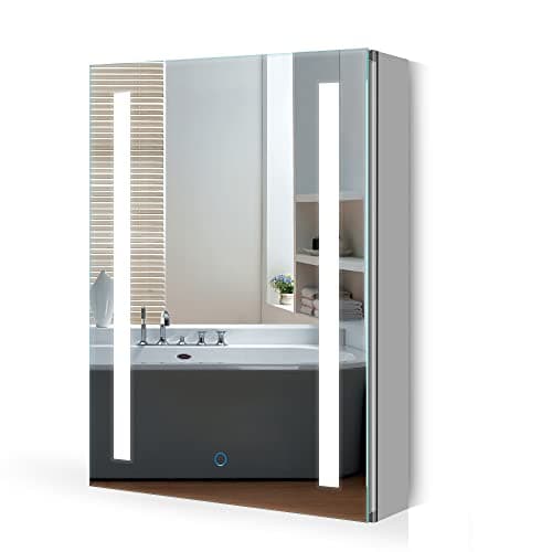 Image of Quavikey® Bathroom Mirror Cabinet with Lights and Shaver Socket for Makeup and Shaving, LED Bathroom Cabinet with Mirror, 3 Color Dimmable, Defogger, Interior Illuminated, Wall-Mounted, 500x700 mm