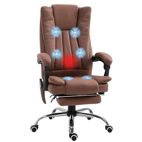 Image of Vinsetto Office Chair with Massage and Heat, Microfibre Reclining Computer Desk Chair with Footrest and Adjustable Height, Swivel Wheels for Home Office, Brown
