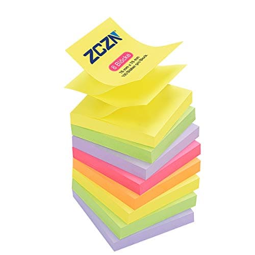 Image of ZCZN Pop-up Sticky Notes 76 x 76 mm, 8 Pads Assorted Colours Self-Stick Z Notes, 100 Sheets/Pad, (Yellow,Light Green,Light Purple,Rose Red,Orange)