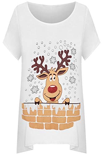Image of WearAll Women's Plus Short Sleeve Reindeer Snowflake Hanky Hem Long Top Ladies T-Shirt - White - 26-28