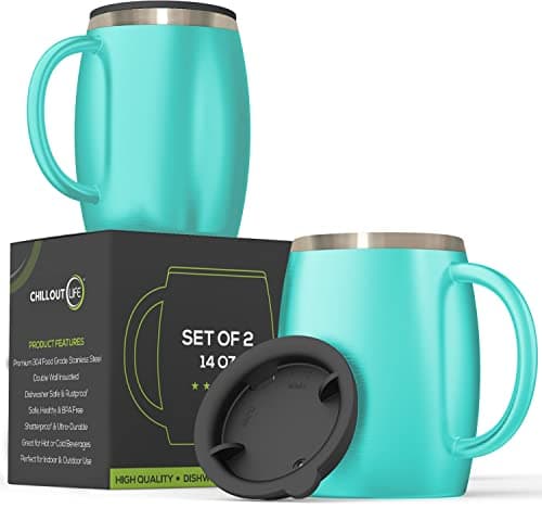 Image of Stainless Steel Insulated Coffee Mugs Set of 2 (14 oz) - Double Wall Coffee Cups with Spill Resistant Lid & Handle – Shatterproof Cups for Cold & Hot Drinks for Indoor & Outdoor Use (Aqua Blue)