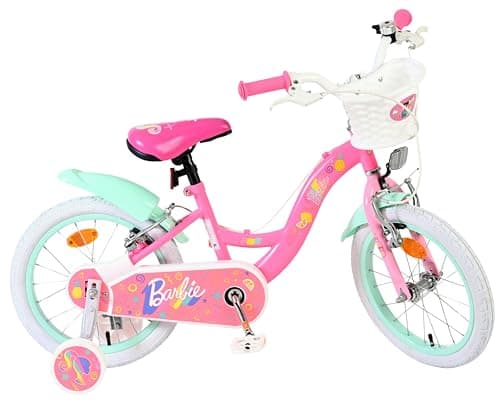 Image of Volare Mattel Barbie Pink Kids Bike | Ideal for Ages 4-6 | 16 Inch Wheel | 2 Handbrakes (Front & Back), Removable Stabilisers & Pedal Reflectors | Adjustable Height | Handlebar Basket | Gift for Girls