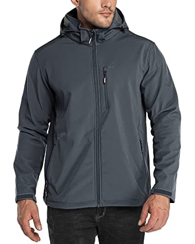 Image of 33,000ft Men's Waterproof Jackets Fleece Lining Softshell Jacket - Multi Pockets Outdoor Windproof Coat With Detachable Hood Dark grey L