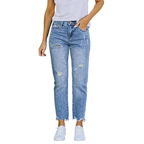 Image of Capri Denim Pants Women Elasticated High Waist Jeans Ripped Frayed Raw Hem 3/4 Length Jeans with Pockets Cropped Trousers Distressed Cut Off Jean Shorts Boyfriend Jean Pants Hip Hop Streetwear Pant
