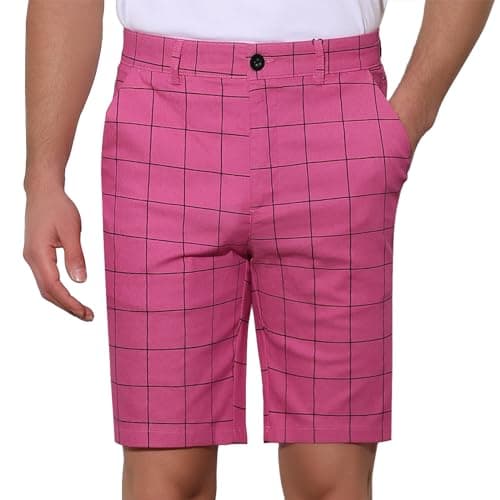 Image of Lars Amadeus Men's Summer Plaid Shorts Slim Fit Flat Front Dress Checked Short Pants Rose Red 34