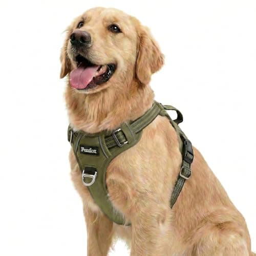 Image of Funfox Dog Harness for Large Dogs, No Pull Pet Vest Adjustable with Vertical Handle & Front Clip, Anti Pull Padded Harness Reflective Night Walking Size for Medium Large Breed, Army Green L