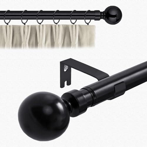 Image of Aspire Homeware Curtain Poles Metal Plain Ball Extendable Curtain Pole 70 cm to 120 cm Matte Black Adjustable Curtain Rod 28 mm Diameter with 60 mm Finials, Rings, Brackets, and Fittings Set