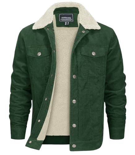 Image of EKLENTSON Men's Sherpa Trucker Jackets Lapel Collar Corduroy Coat Winter Thermal Thick Western Jacket,Green,L
