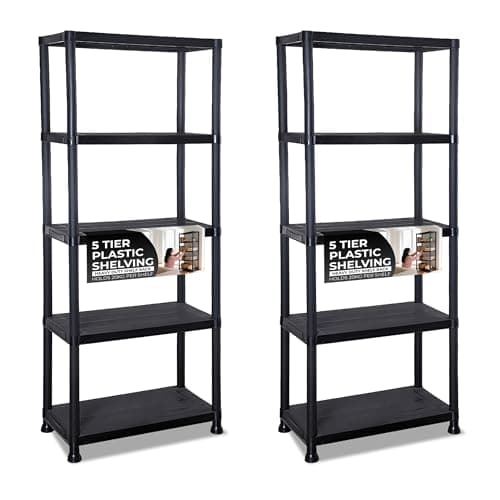 Image of Crystals 2 X 5 Tier Plastic Shelving Unit | Durable Black Storage Shelves | Heavy Duty Plastic Racking Shelving | Multipurpose Shelve for Garage, Workshop, Sheds, Warehouse, and Office