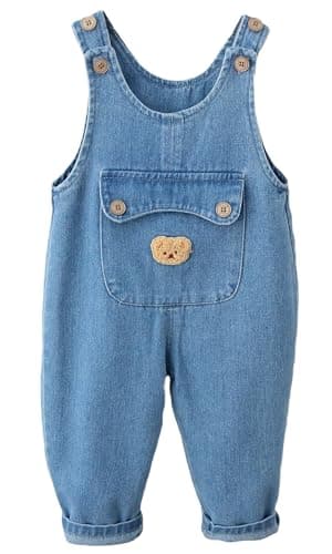 Image of FEOYA Toddler Girls Boys Overalls Cotton Denim Jumpsuit One Piece Button Dungarees with Pockets Unisex Baby Solid Loose Soft Pants Trousers for 3-4 Years