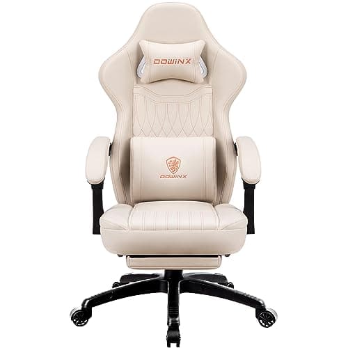 Image of Dowinx Gaming Chair with Spring Cushion,Racing Gamer Chair with Massage Lumbar Support, Ergonomic Gaming Armchair with Footrest Office Chair PU Leather White