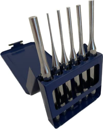Image of 6 Piece Parallel Pin Punch Electroplated Chrome Vanadium Steel (CRV) to 48-52 HRC with Metal Case - 2,3,4,5,6 and 8mm