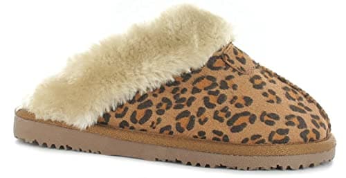 Image of ella Women's Jill Faux Sheepskin Look Fur Lined Memory Foam Mule Slippers (Tan Leopard, UK Footwear Size System, Adult, Women, Numeric, Medium, 5)