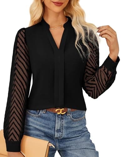 Image of GRACE KARIN Womens Long Sleeve Autumn Winter Blouses Elegante Henry V Neck Shirt Going Out Tops Black M