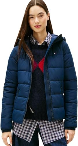 Image of Tommy Jeans Women's Tjw Slim Lw Hooded Padded Jacket Dw0Dw20959 Puffer, Blue (Dark Night Navy), M