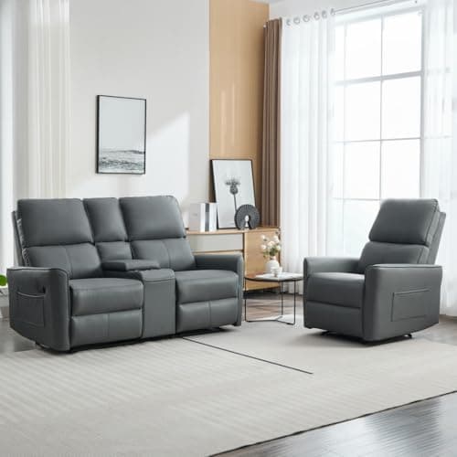 Image of More4Homes MADRID 1+2 SEATER w CONSOLE MANUAL RECLINER AIR LEATHER SOFA SET (Grey)