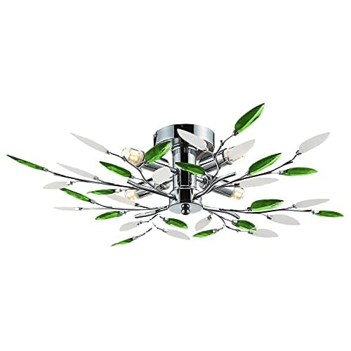 Image of Happy Homewares Modern Semi Flush Chrome Ceiling Light with Emerald Green & Frosted Acrylic Leaves | 60cm Diameter | Perfect for Low Ceilings