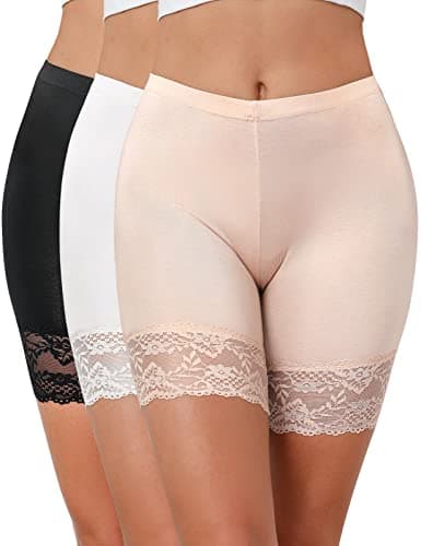 Image of Niwicee Women's Anti Chafing Lace Shorts Ladies Safety Boxer Shorts Multipack Slip Shorts Basic Long Brief Underwear for Under Dresses Yoga Shorts Stretch Safety Leggings(Black+White+Skin,M)