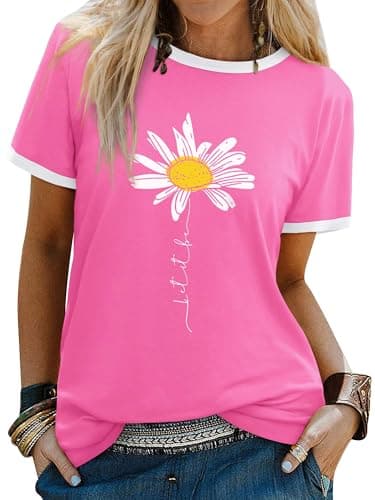 Image of Dresswel Women Let It Be T Shirt Daisy Flower Graphic Print T-Shirt Crew Neck Short Sleeve Tee Tops(2-Dark Pink,L)