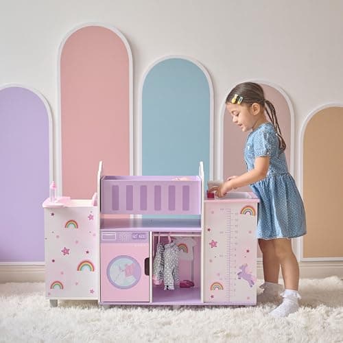 Image of Olivia’s Little World Fantasy Care Doll Nursery 6-in-1 Unicorn Themed Baby Station with Cradle, Washer, High Chair, Sink & Closet with 3 Wooden Hangers for Pretend Play, for Girls Ages 3 and Up