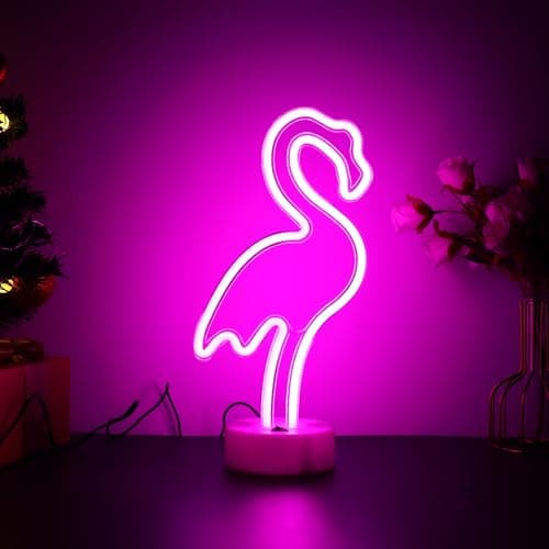 Image of ENUOLI LED Flamingo Neon Light Signs - Pink Neon Lights - Room Decor - Battery & USB Operation - Night Lights with Pedestal
