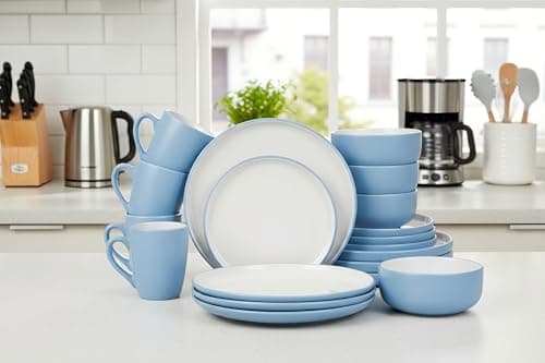 Image of 16pc Waterside Blue & White Coupe Stoneware Dinner Set; 4 Dinner Plates, 4 Side Plates, 4 Deep Bowls & 4 Mugs - Dishwasher & Microwave Safe