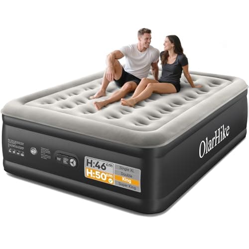 Image of OlarHike King Size Airbed, Inflatable Mattress, 150cm x 200cm x 50cm, Air Bed with Built in Pump, Blow Up Mattress, Folding Guest Bed Self Inflating with Flocked Surface for Camping and Home Use