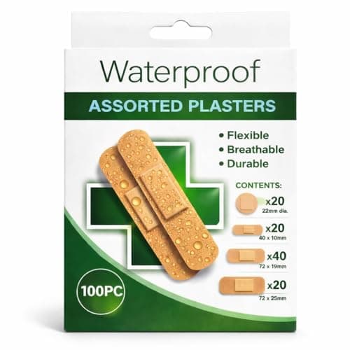 Image of Waterproof Plasters 100 Pack – Breathable Adhesive Bandages for Cuts, Blisters & Wounds, Assorted Sizes First Aid Strips for Shower & Swimming