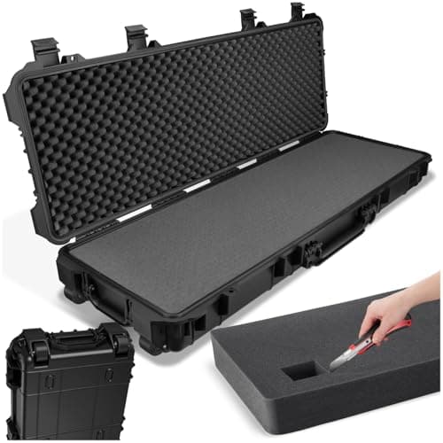 Image of tectake® Long, Universal Hard Case with 2 Wheels, 3 Foam Inserts, Pressure Valve & Padlock Eyelets, Shock-, Temperature- & Moisture-Resistant - Ideal Camera Case, Tool Case & Gun Case - 113.5x41x16cm