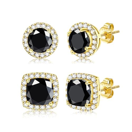 Image of Dochais 2 Pairs Cubic Zirconia Stud Earrings for Women Men Hypoallergenic 925 Sterling Silver Post Earrings 14K Gold Plated Round & Square Brilliant Simulated Diamond Earring Studs Gold Black