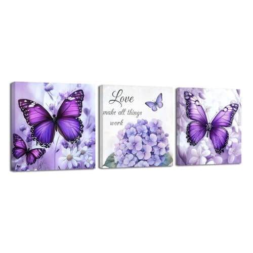 Image of LZIMU Butterfly Canvas Wall Art 3 Pieces Hydrangea Butterfly Picture Inspirational Quotes Poster Prints Floral Painting for Bathroom Office Decor Framed (Purple, 12x12inchx3 Pieces)