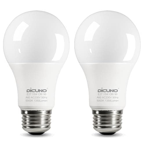 Image of DiCUNO E27 Screw LED Bulb 15W, Daylight White 5000K, 100 Watts Halogen Equivalent, Large Screw in Light Bulb, 1350LM, Non-Dimmable, ES High CRI 90 Lightbulbs for Lamp, 2 Pcs