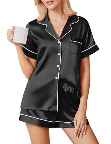 Image of Ekouaer Pyjamas for Women Satin Pjs Set Two Piece Silk Pyjamas for Ladies Bride Pjs Button Down Loungewear Black S