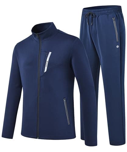 Image of MoFiz Mens Casual Tracksuit Set 2 Pieces Athletic Sweat Suits Long Sleeve Full Zip Workout Running Joggers Sports Set with Zipper Pockets Navy Tag US L=EU XL