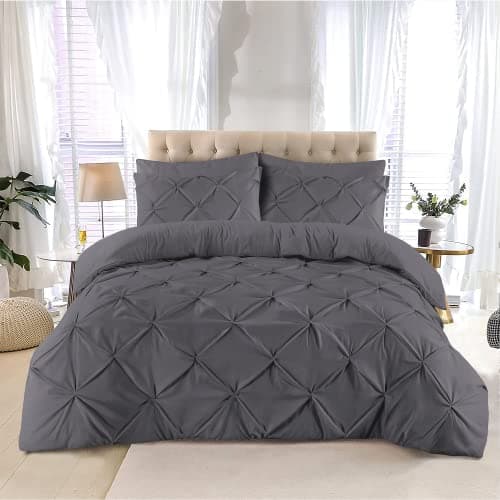 Image of K&A® Pintuck Pinch Pleat King Size Duvet Cover Sets with Zipper Closure including Pillowcase – Ultrasoft Brushed Microfiber – Easy Care & Machine Washable (Grey - 220x230)