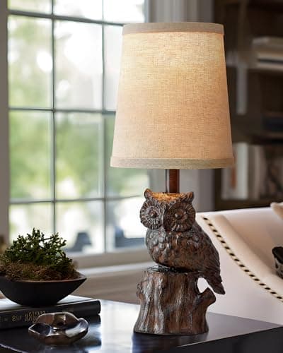 Image of G-SAFAVA 14.25" Small Table Lamp for Living Room Farmhouse Bedside Resin Single Lamp with Brown Owl Lamp Shape for Bedroom Retro Rustic Nightstand Lamp