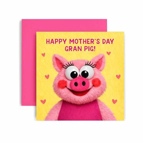 Image of Huxters Mothers Day Card for Gran - Cute Blushing Pig Plush Puppet Design - Sweet Heart Pig Style - Happy Mother's Day Pig (Gran)