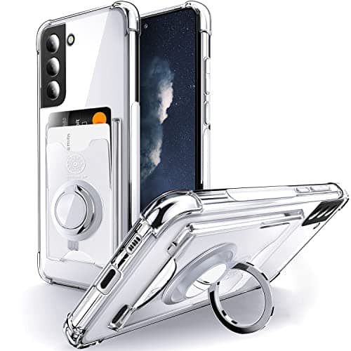 Image of SHIELDS UP Designed for Samsung S22 Case, Galaxy S22 Minimalist Wallet Case with Ring Kickstand and Card Holder, Transparent Slim Shockproof TPU Bumper Cover for Samsung Galaxy S22 - Clear