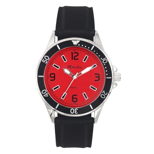 Image of Ravel - Men's Sporty Black Silicon Strap Watch with Top Ring on Silver Tone Case - Analogue Quartz - RS002.08 - Red Dial