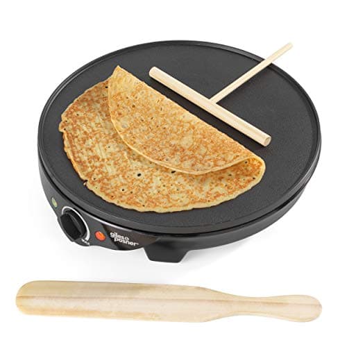Image of Giles & Posner Electric Pancake Maker - Traditional French Crepes & Galettes, Large 30cm/12" Non-Stick Hot Plate, Adjustable Temperature Control, Includes Wooden Spreader & Spatula, 1300W