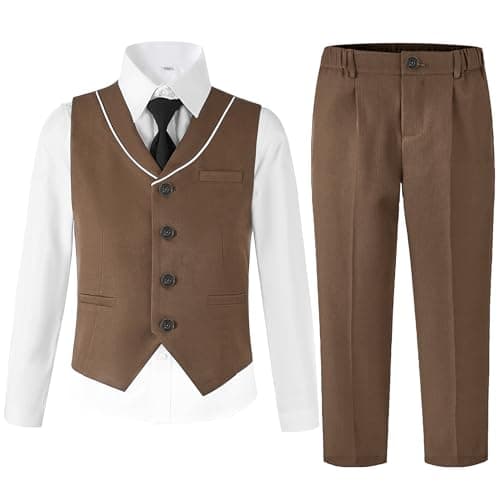 Image of LOLANTA 4 Piece Boys Brown Waistcoat Suit, Page Boy Wedding Outfit, Formal Waistcoat Trousers Set(6-7 Yrs, Brown, Tag Size 130)