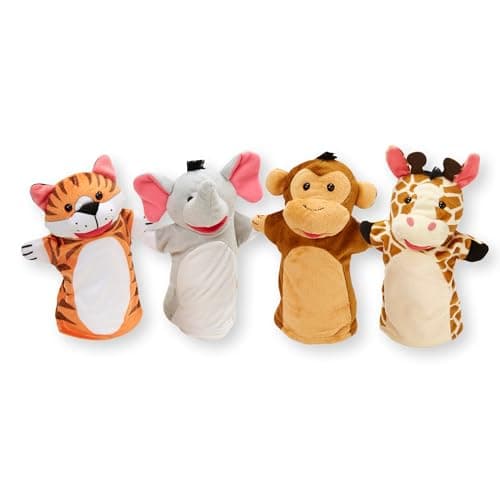Image of Melissa & Doug Zoo Friends Hand Puppets (Set of 4) - Elephant, Giraffe, Tiger, and Monkey