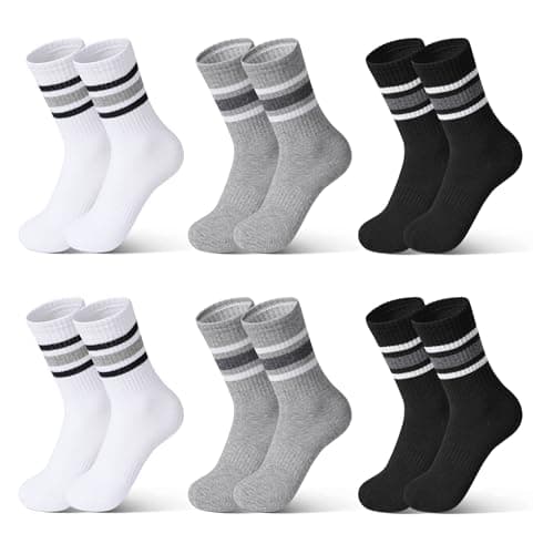 Image of Auranso 6 Pairs Boys Socks Kids Sports Crew Socks Cotton Athletic Socks for Age 10-14 Years Black White Grey