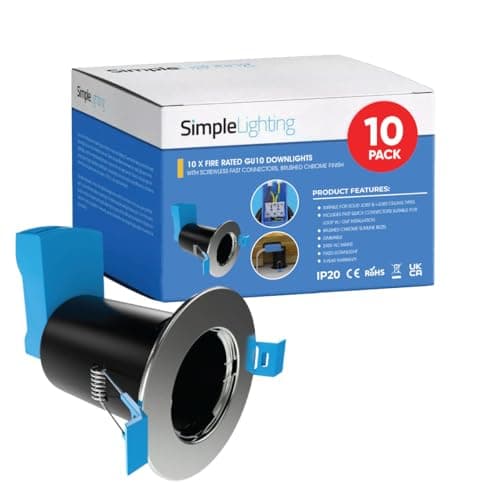 Image of Simple Lighting® 10 Pack Fire Rated Downlights GU10 Brushed Chrome, 90 Min Protection, Quick Connectors, Insulation Coverable Recessed Ceiling Lights, Dimmable IP20, 85mm Diameter, I-Joist Compatible