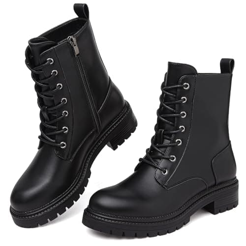 Image of Bravover Boots for Women Waterproof Ankle Boots Work boots Lace Up Ladies boots Side Zipper Combat Boots Walking Boots Casual Boot Womens Black Boots Platform Leather Booties
