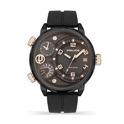 Image of Police Ray Mens Multifunction Watch with Black Dial and Black Silicone Strap, 51mm Stainless Steel Case in Branded Watch Box PEWJN2195301-2 Year Warranty