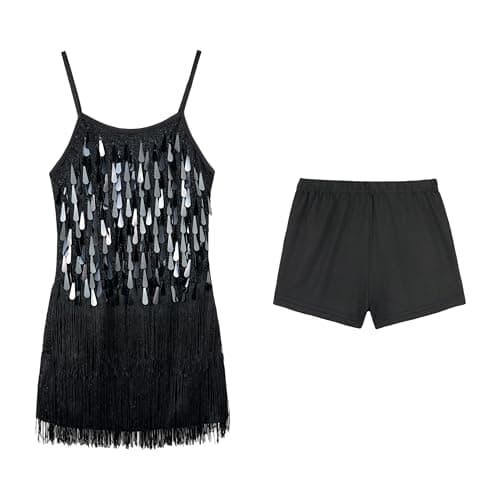 Image of LOLANTA Girls Sequin Fringe Dance Costume, Kids Salsa Rumba Latin Dancing Clothes Set, Sparkling Sleeveless Tassel Dance Mini Dress with Shorts, Black, 10-11 Years, 150