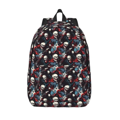 Image of Buewutiry Skull Guitar Rock Style Print Lightweight Canvas Backpack, Backpack For Women Men Couples, Travel Laptop Bag, Black, 17in