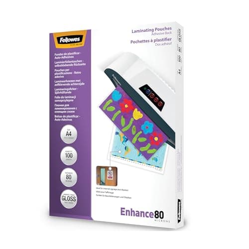 Image of Fellowes Laminating Pouches (A4) – Glossy Finish – 100 Sheets, 160 Micron (2×80) Self‑Adhesive Laminating Pouch – Ideal for Signs, Instructions & Display Documents